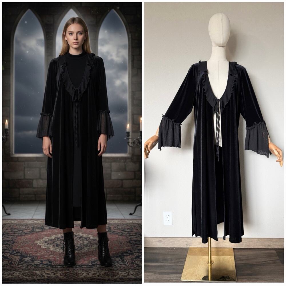 Vintage Y2K Linda Leal Sz XL Velvet Ruffle Duster Jacket Whimsigoth Dark Fairy
